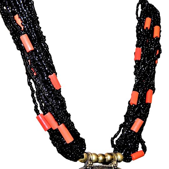 BoHo Bold Red & Brass Beaded Necklace - Picture 4 of 14